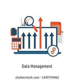 Data management, Data center, Protection, Storage, digital privacy, network server flat vector illustration with icons