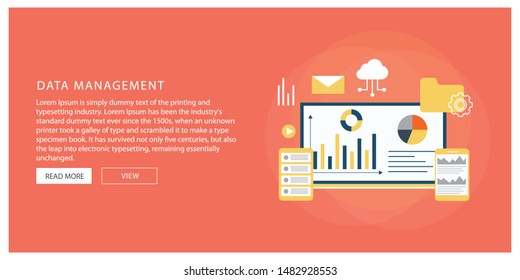 Data management, Data center, Protection, Storage, digital privacy, network server flat vector illustration with icons 