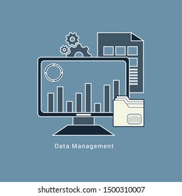 Data management, Data center, Protection, Storage, digital privacy, network server flat vector illustration with icons