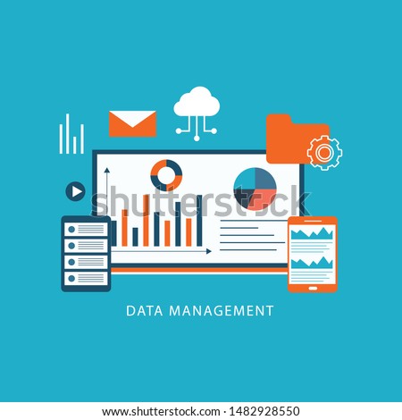 Data management, Data center, Protection, Storage, digital privacy, network server flat vector illustration with icons 