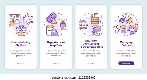 Data management challenges onboarding mobile app screen. Information walkthrough 4 steps editable graphic instructions with linear concepts. UI, UX, GUI template. Myriad Pro-Bold, Regular fonts used