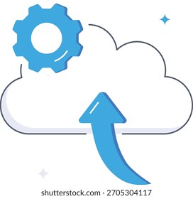Gerenciamento de dados com serviços em nuvem mostrando processamento de dados entre seta e engrenagem. Perfeito para análise de dados, transformação digital e processamento. ilustração vetorial plana isométrica.