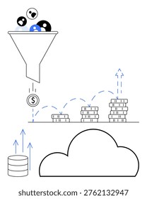 Data management, cloud storage, financial growth, business analytics, data processing, and monetization. A funnel directs icons into a cloud with stackable coins. Cloud storage and financial growth