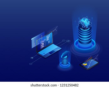 Data Management concept with 3d illustration of laptop connected with cloud server and database on glossy blue background.