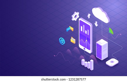Datenmanagement-Konzept, 3D-Illustration von Cloud-Servern mit lokalem Server mit Smartphone und verschiedenen Business-Geräten auf glänzendem Hintergrund.