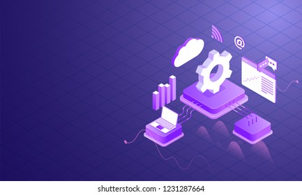 Data management concept, 3d illustration of laptop with multiple business equipments on blue background.