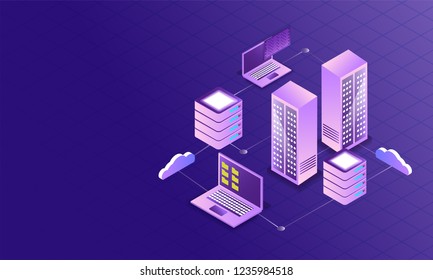 Data Management concept with 3d data server connected to laptop and cloud servers on purple background.