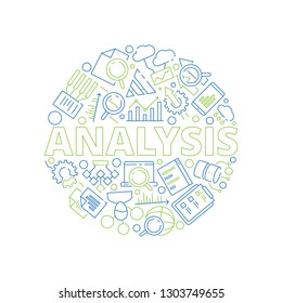 Data management concept. Data analysis symbols in circle shape business strategy graphics vector thin icon collection