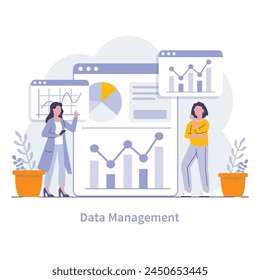 Data Management Concept. Analysts utilizing advanced tools to extract insights from complex datasets for informed decision-making. Vector illustration.