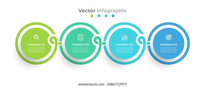 Data management concept. Business infographic elements with 4 circles, steps, and options. Timeline connected with modern lines and icons. Vector illustration.