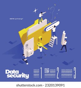 Data management concept icons isometric composition of text and document folder image with characters of workers vector illustration