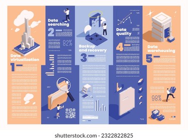 Data management concept icons isometric infographics with virtualisation searching backup and recovery icons with editable text vector illustration