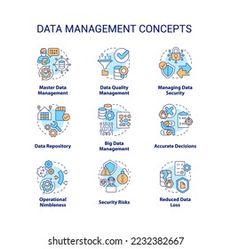 Data management concept icons set. Information governance system. Business intelligence idea thin line color illustrations. Isolated symbols. Editable stroke. Roboto-Medium, Myriad Pro-Bold fonts used