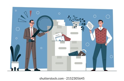 Data management concept. Men analyze documents, work with statistics and analytical department. Colleagues conduct marketing research. People with magnifying glass. Cartoon flat vector illustration