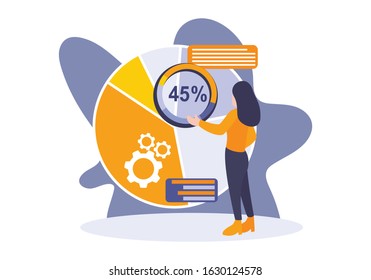 Data management concept. Woman with chart, diagram, and tables. Business metaphor, analysis, profit awareness, database, and digital marketing. Elements for banner, web, landing page, and poster.