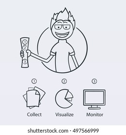 Data management concept. Young man proposing options to manipulate data: Collect, visualize, monitor.