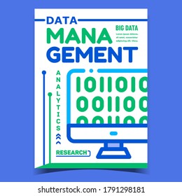 Vector de afiches de publicidad creativa para administración de datos. Banner De Promo De Investigación Y Análisis De La Gestión De Grandes Datos. Código binario En La Plantilla De Concepto De Pantalla De Computadora Ilustración De Color Elegante