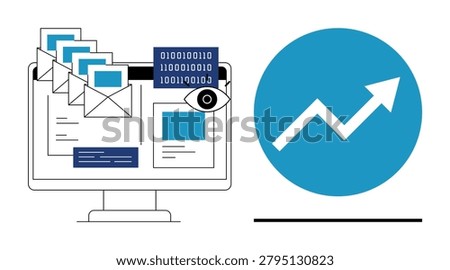 Data management, cybersecurity, business analysis, information exchange, productivity, internet communication. Computer screen features binary code, email icons and an upward graph. Data management