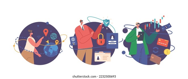 Data Management in Cyberspace Isolated Round Icons or Avatars with Characters Use Future Technology Work In Futuristic Office. Business Data Analysis with AR. Cartoon People Vector Illustration