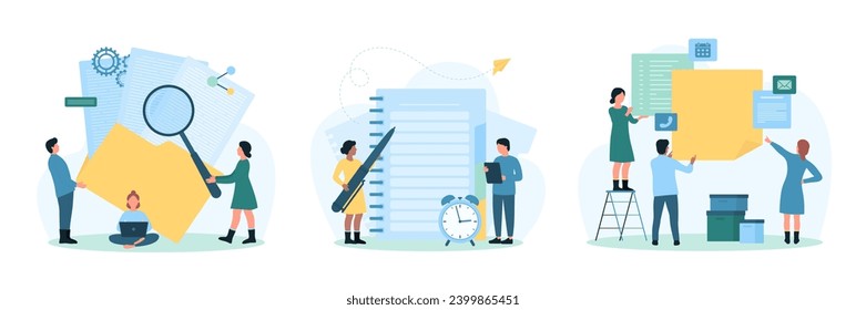 Data management and daily task organization set vector illustration. Cartoon tiny people make memo notes in paper notebook and stickers, plan agenda, add and organize business files in folders