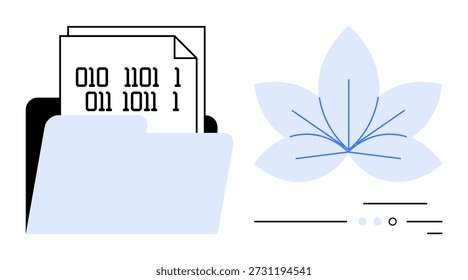 Data management, digital transformation, technology, binary code, analytics, nature-inspired design. Open folder with binary files and a minimalistic floral graphic. Data management and digital