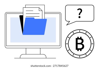 Gestión de datos, finanzas, criptomonedas, seguridad en línea, economía digital, intercambio de información. Un monitor con una carpeta, signo de interrogación y símbolo de Bitcoin. Concepto de gestión de datos y finanzas