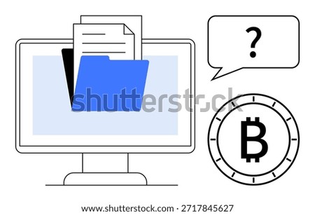 Data management, finance, cryptocurrency, online security, digital economy, information exchange. A monitor with a folder, question mark and Bitcoin symbol. Data management and finance concept