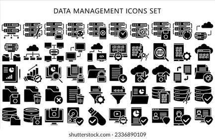 Data Management glyph icons set, contain analysis, cloud, server, computer, storage and more. use for modern concept, UI or UX kit, web and app. vector EPS 10 ready convert to SVG.