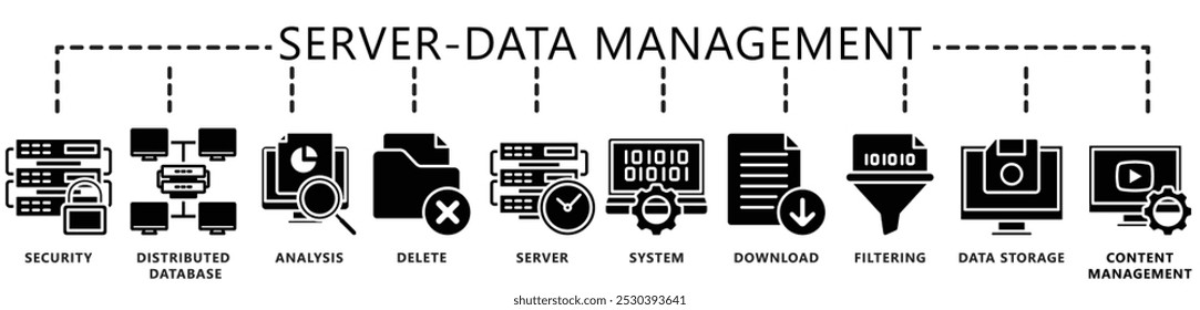 Data management glyph icons set. contain security, server, analysis, data storage, download, filtering, system and more. Vector EPS 10. for UI or UX kit, web and app, finance, office, business