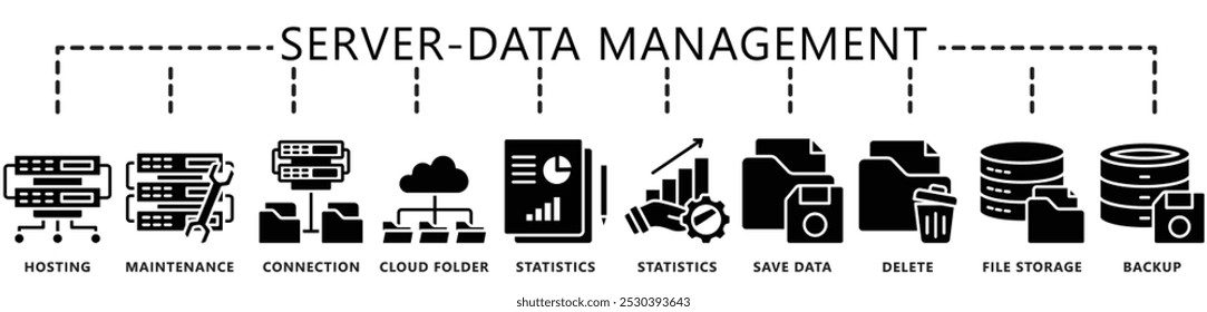 O conjunto de ícones de gerenciamento de dados contém hospedagem, manutenção, estatísticas, armazenamento, nuvem, salvar, fazer backup, conexão e muito mais. Vetor EPS 10. para UI ou UX kit, web e app, finanças, escritório, negócios.