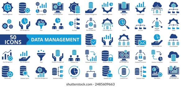 Conjunto de colecciones de iconos de administración de datos. Contiene base de datos, monitor, gráfico de crecimiento, nube, almacenamiento, configuración, icono de Filtrar. Sencillo Vector plano.