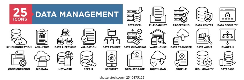 Conjunto de colecciones de iconos de administración de datos. Contiene tecnología de diseño, datos, negocio, digital, información, gestión