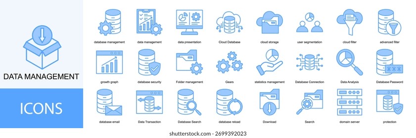 Conjunto de colecciones de iconos de administración de datos. Contiene administración de bases de datos, presentación de datos, base de datos en la nube, almacenamiento en la nube, icono de segmentación de usuarios. Vector de línea simple