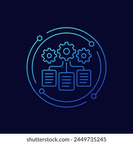 data management icon with documents and gears, linear design