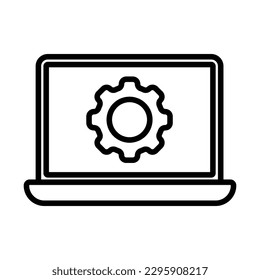 Icono de administración de datos. Portátil con rueda de cog en pantalla. vector de stock de contorno negro