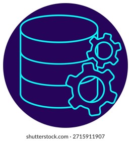 Icono de gestión de datos. Borde de neón minimalista sobre un fondo redondo azul oscuro. Una elegante Ilustración vectorial de una pila de servidores (base de datos) con dos engranajes entrelazados, que simboliza la administración de datos, la automatización del procesamiento, la administración de bases de datos y la optimización del sistema