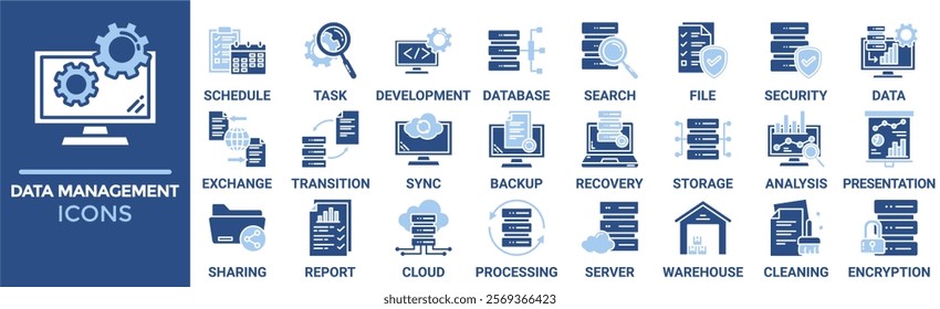 Data management icon set. Containing schedule, task, development, database, search, file, security, data and more. Solid vector icons collection 