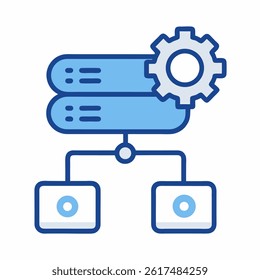 Data Management Icon – Two Connected Servers with Gear Symbol, Vector Design on White Background