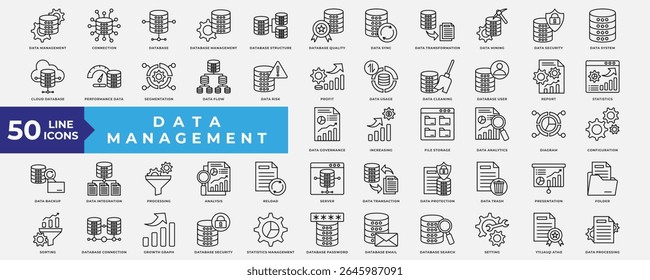 Data Management icons collection set. Containing Database, Management, Transformation, Data Mining, Security, Data System, Performance, Data Quality and Processing. Simple Line Vector.