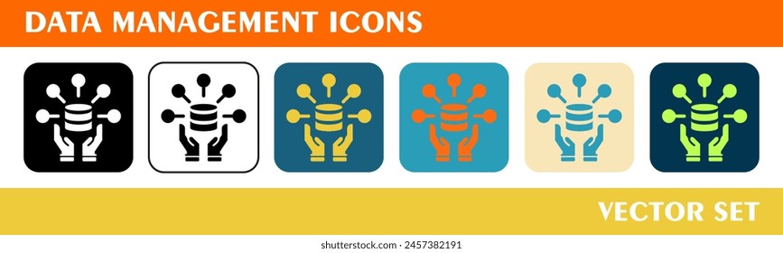 Data management icons set. 6 style icons with various colors. For sign, symbol, infographic or web graphics. 