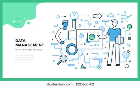 ilustração do gerenciamento de dados. Pessoas interagindo com gráficos, consolidando e analisando informações. Conceito de tecnologias financeiras para banners da web, imagens de heróis ou materiais impressos