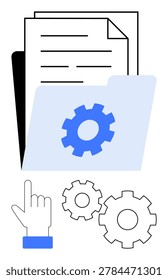 Data management, information organization, system settings, software configuration, office workflows, digital tools. Blue gear on folder with documents and gear icons. Data management and information