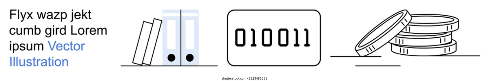 Data management, information systems, financial technology, coding, binary data, investment. Organized icons show folders, a binary code block and stacked coins. Data management and information