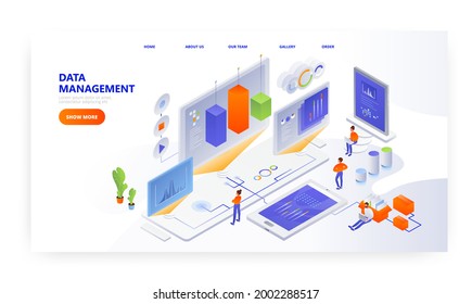 Data management landing page design, website banner vector template. People interacting with charts, analyzing data.