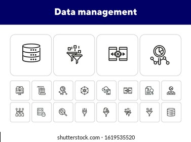 Data management line icon set. Binary code, structure, storage, filter. Information technology concept. Can be used for topics like database, IT project, development