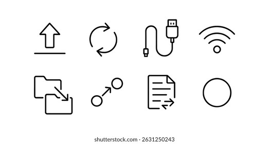 Data management line icon set - files, connectivity, sync, wireless in outline design