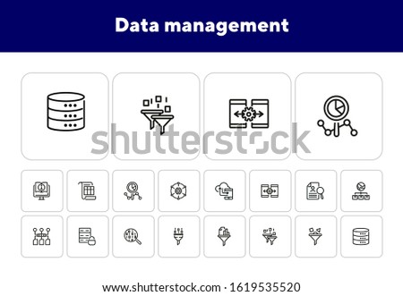 Data management line icon set. Binary code, structure, storage, filter. Information technology concept. Can be used for topics like database, IT project, development