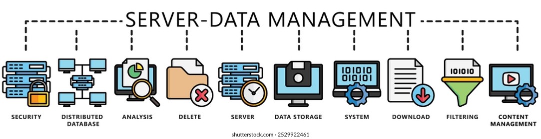 Linearer Mehrfarbensatz für die Datenverwaltung. enthalten Sicherheit, Server, Analyse, Datenspeicherung, Download, Filterung, System und mehr. Vector EPS 10. für UI oder UX-Kit, Web und App, Finanzen, Büro, Geschäft