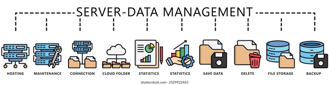 Conjunto multicolorido linear de gerenciamento de dados. contém hospedagem, manutenção, estatísticas, armazenamento, nuvem, salvar, conexão e muito mais. Vetor EPS 10. para UI ou UX kit, web e app, finanças, escritório, negócios