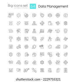 Data management linear icons set. System analytics. Information storage optimization. Customizable thin line symbols. Isolated vector outline illustrations. Editable stroke. Quicksand-Light font used